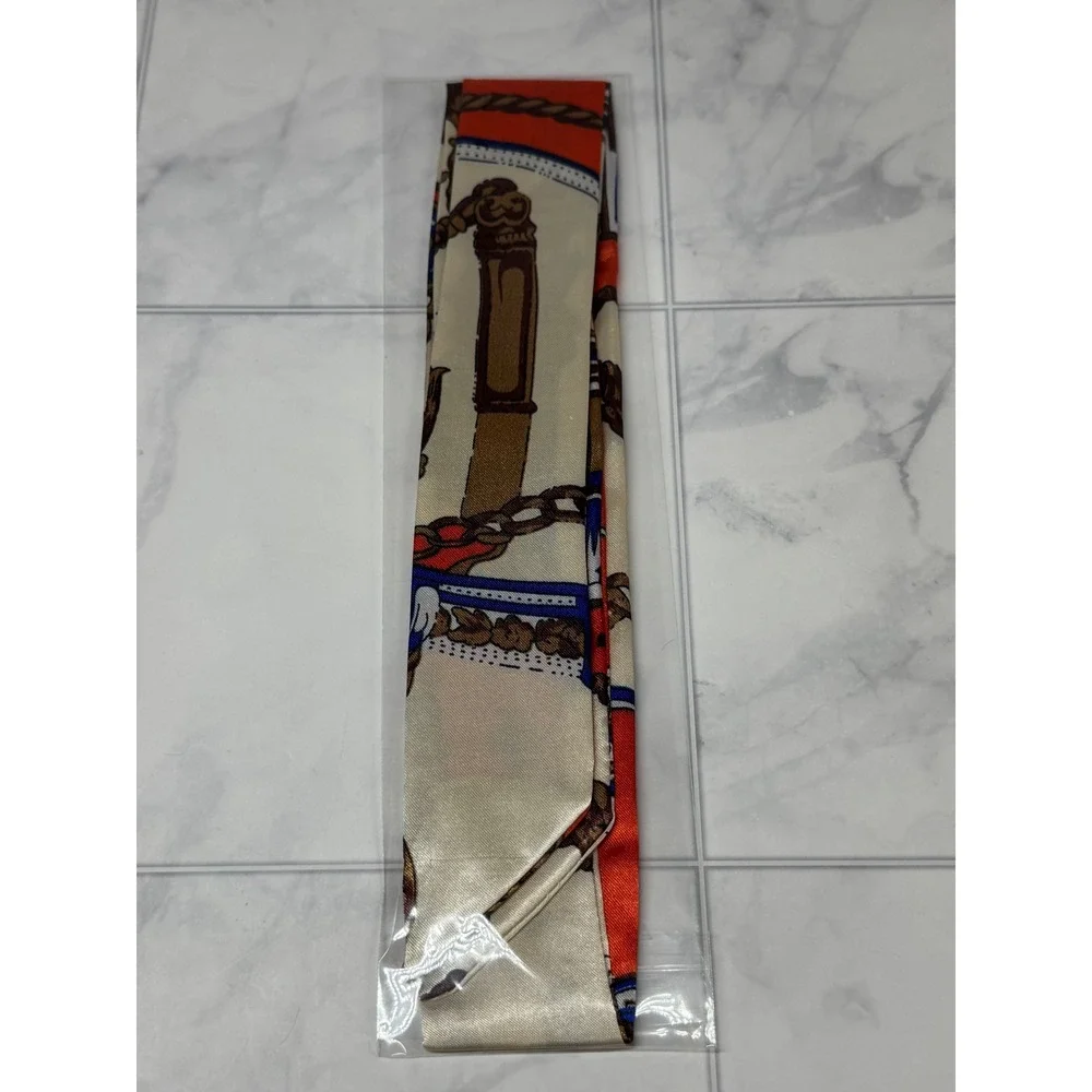 Equestrian Print Satin Skinny Scarf Orange Cream Blue Carriage Chain Bag Ribbon